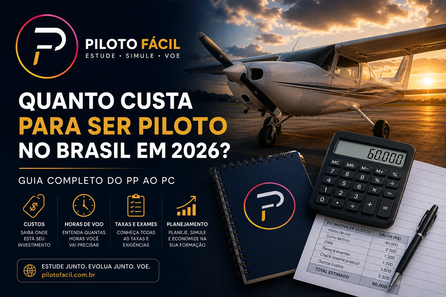 Arte 'Quanto custa para ser piloto no Brasil em 2026? Guia completo do PP ao PC', com um Cessna ao pôr do sol, calculadora e planilha de custos