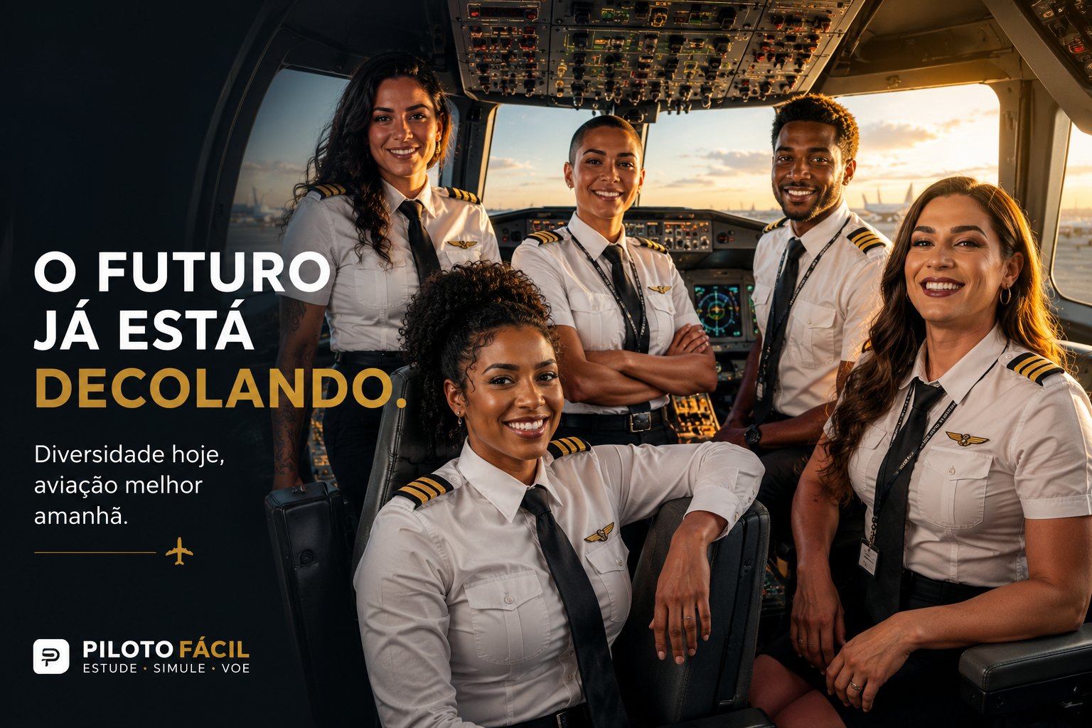 Cinco pilotos diversos em um cockpit, com a mensagem 'O futuro já está decolando. Diversidade hoje, aviação melhor amanhã.'