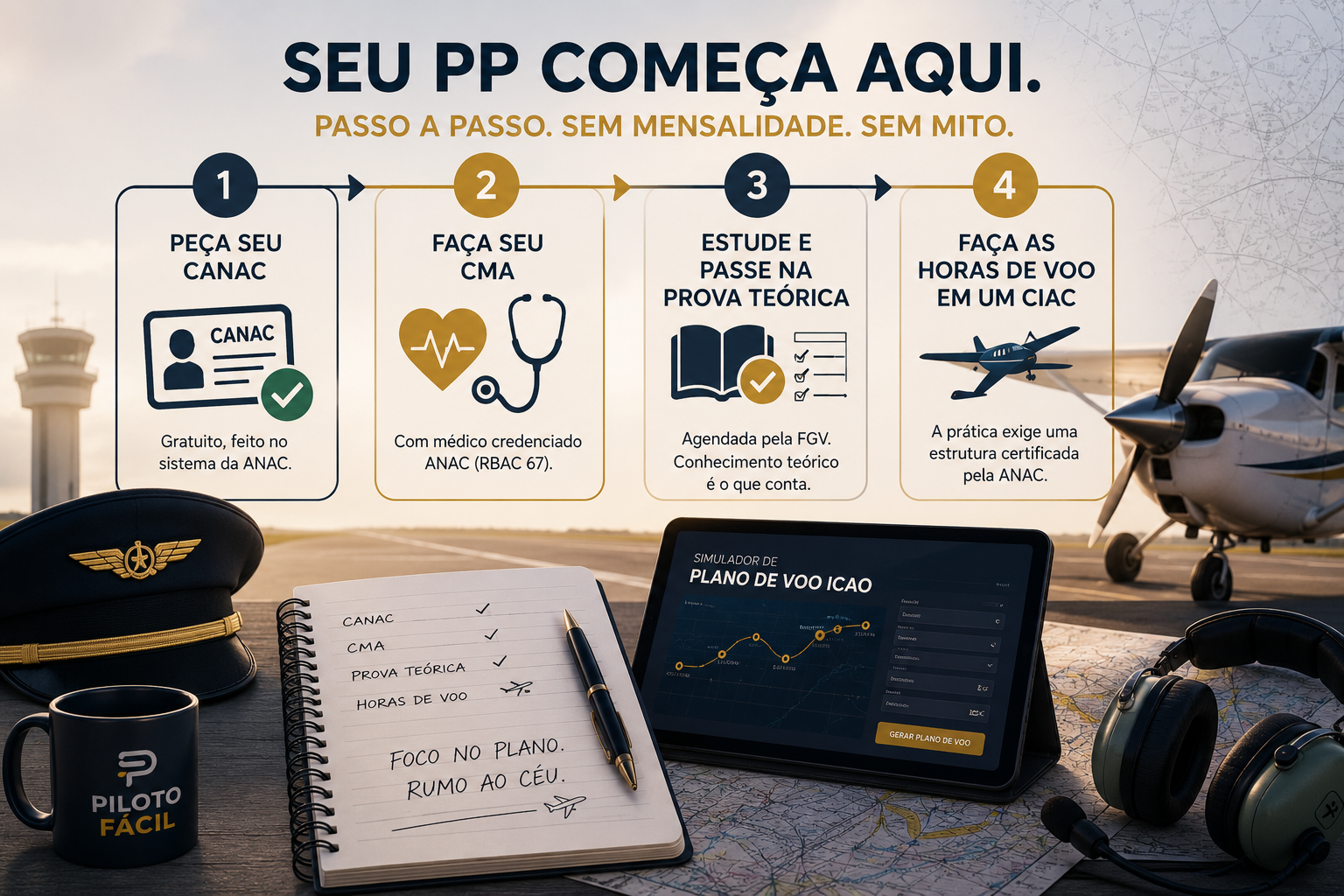 Infográfico 'Seu PP começa aqui: passo a passo, sem mensalidade, sem mito' com as etapas CANAC, CMA, prova teórica e CIAC