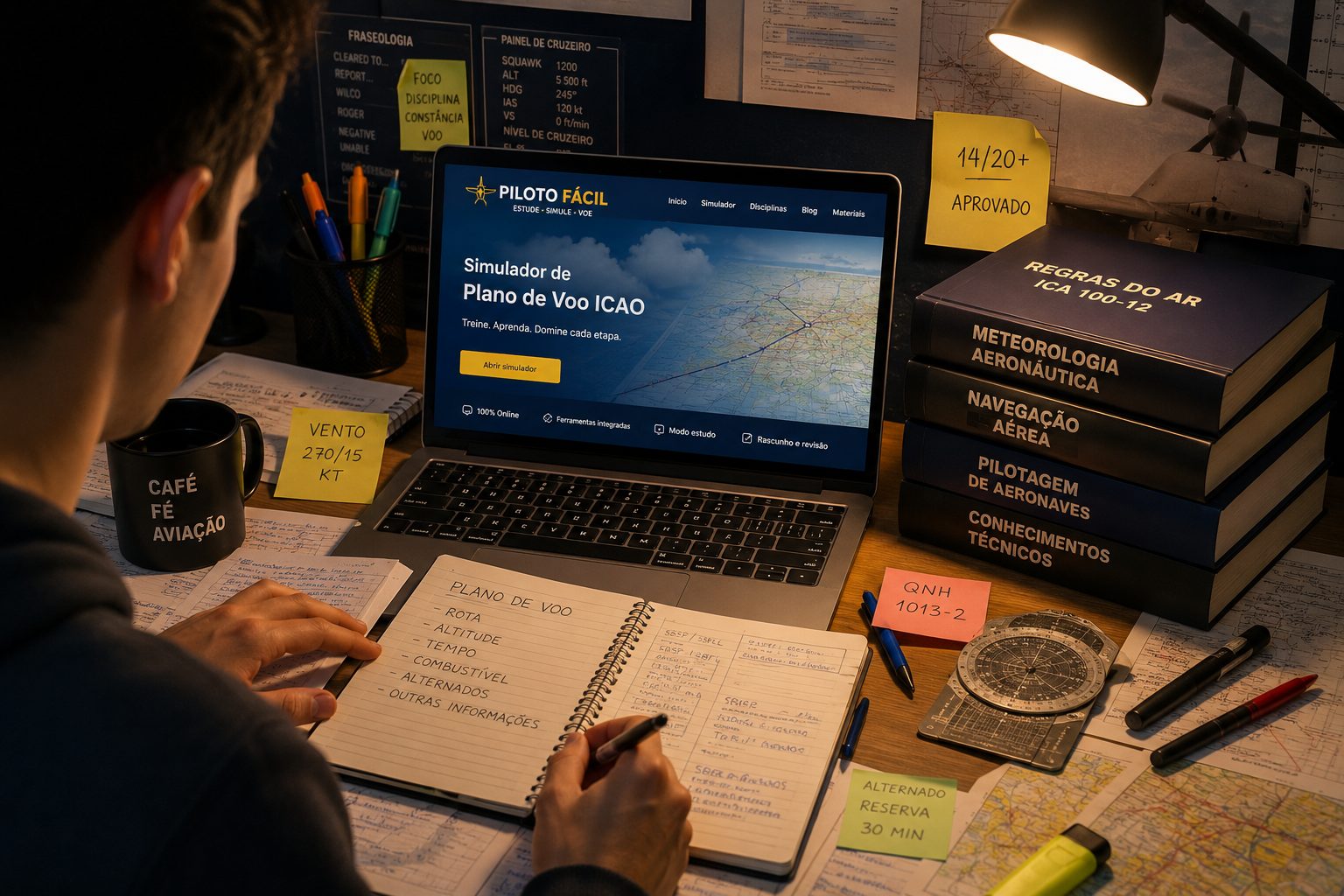 Simulador de Plano de Voo aberto em um notebook, sobre uma mesa de estudos com mapas e manuais