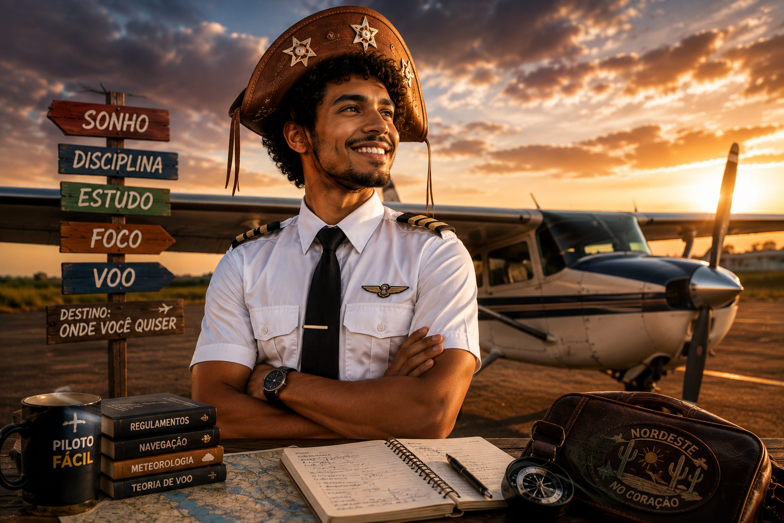Piloto sorridente diante de uma placa de sinalização com as palavras Sonho, Disciplina, Estudo, Foco e Voo